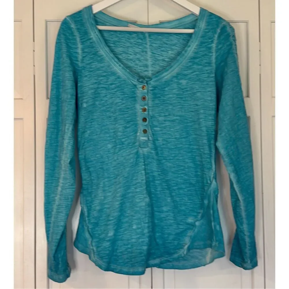 Free People Shell sleeve lace trim Henley turquoise small
